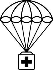 Medical aid package delivered by parachute with a white cross symbol