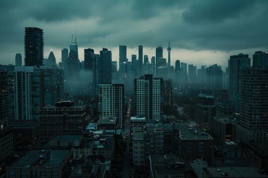 Fog enveloping toronto's skyscrapers and cn tower at dusk, creating an eerie and captivating urban scene - Powered by Adobe