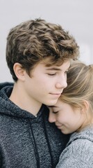 Two teens hugging after group talk, showcasing affection and emotional support in a soft, intimate atmosphere with neutral background