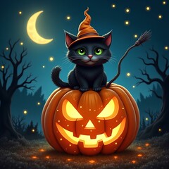 Black Cat on a Giant Carved Pumpkin