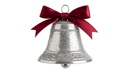 Silver Glitter Christmas Bell with Burgundy Bow isolated on solid white background Png form