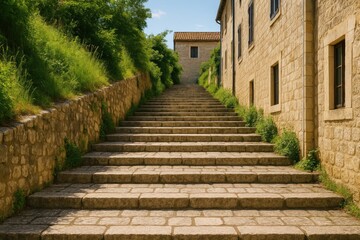 Obraz premium Historic stone staircase leading to a quaint old town backyard