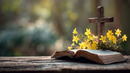 Wooden cross with open holy bible surrounded by yellow flowers and serene prayerful background