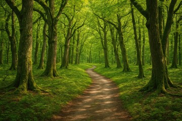 Fototapeta premium Ancient woodland featuring lush greenery and towering trees