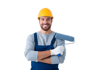 Smiling construction worker with paint roller on transparent background, PNG