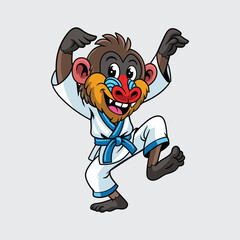 Cute mandrill in karate pose, wearing a white gi with blue belt in a cartoon character illustration