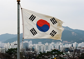 South Korea's Flag Waving, Seoul Skyline, Korean National Symbol, Landscape, City Buildings, Mountains, Outdoors, Symbolism