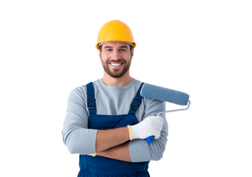 Smiling construction worker with paint roller on transparent background, PNG