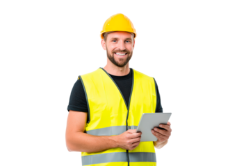 Construction professional holding tablet in yellow safety vest on transparent background, PNG