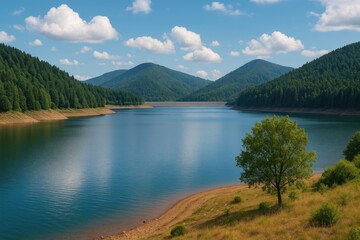 Scenic view along a human-made dam shoreline