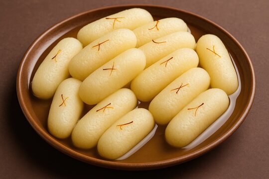 Delicious Indian dessert: the famous syrup-soaked sweet known by various names such as long rasgulla, rosogolla, and anguri rasgulla.