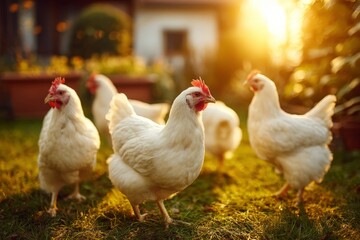 Fototapeta premium Group of white chickens grazing in sunlit garden at sunset