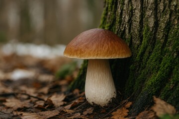 A brown mushroom with a white-tipped cap emerging at the tree's base