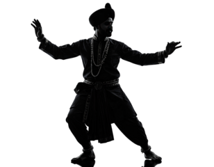 Silhouette of Indian man performing traditional folk dance with cultural costume isolated on white background
