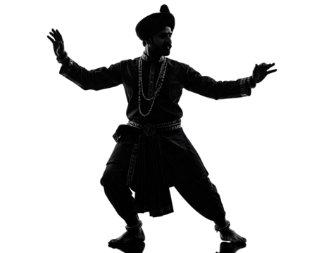 Silhouette of Indian man performing traditional folk dance with cultural costume isolated on white background
