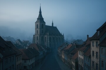 Fototapeta premium Ancient Village Shrine Amidst Misty Scenery