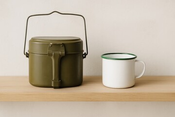 Shelf with a mess kit and a tin cup