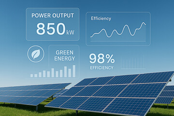 Solar Panel Field with Digital Energy Dashboard Overlay Representing Green Energy and Innovation