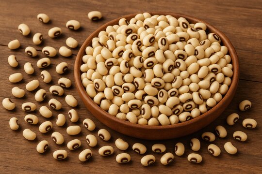 A traditional Javanese ingredient, Vigna unguiculata or tolo beans, served as a rice side dish on a wooden table
