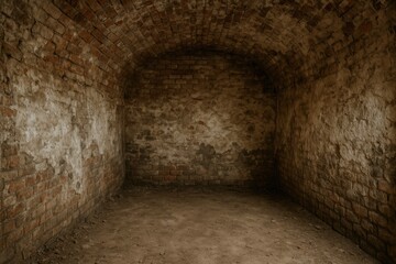 Fototapeta premium Derelict underground chamber featuring brick walls and an arched ceiling
