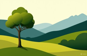 Fototapeta premium A solitary tree stands in a lush green landscape with rolling hills and distant mountains