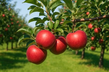 Obraz premium Juicy large red apples hanging from tree branches in an orchard awaiting harvest