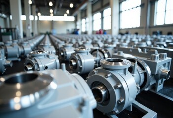 Fototapeta premium Industrial pumps lined up in a spacious manufacturing facility with large windows