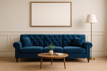 Elegant navy blue couch in modern living space