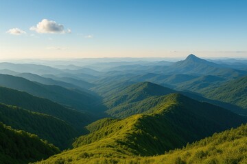 Panoramic perspective from elevated terrain during daylight, showcasing the sky and rolling hills in the morning light.