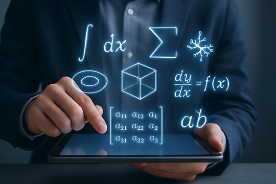 Close-Up of Person Using Digital Device with Holographic Higher Mathematics Overlay in Smart Academic Setting