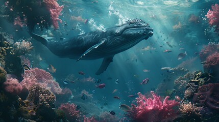 Fototapeta premium Fantasy whale glides, tulkun's magic in reef