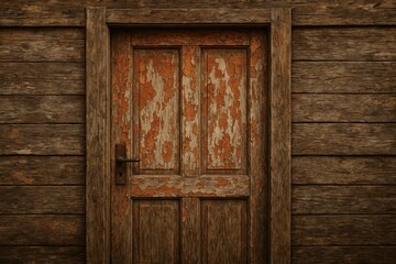 A vintage wooden door featuring worn paint, textured wood grain, and a simple backdrop