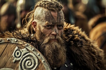 Obraz premium Viking warrior with braided hair, war paint, and fur cloak holding a round shield, preparing for battle