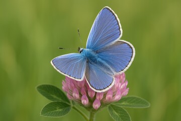 A male blue butterfly perched on a clover plant