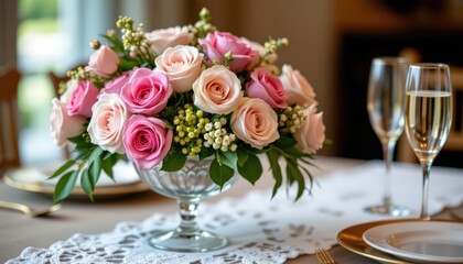 close up macro shot of a rose filled floral arrangement in a clear pedestal vase