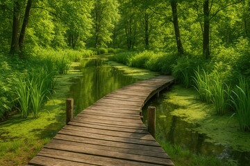 Obraz premium Ancient timber bridge crossing a marshland against a lush green backdrop