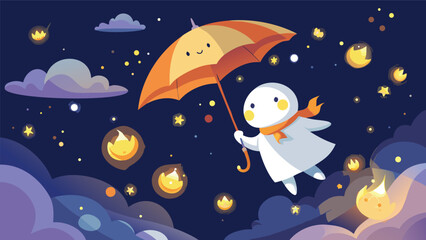 Cute ghost flying with an orange umbrella in a night sky filled with stars and floating lanterns