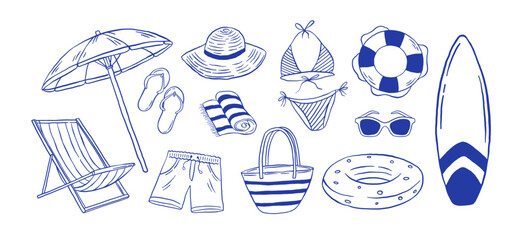 Hand-drawn summer beach accessories and activity vector illustration. Doodle icons of surfboards, chairs, umbrellas, bikinis, swimwear, sun hats, inflatables, and lifebuoys. Vacation set.
