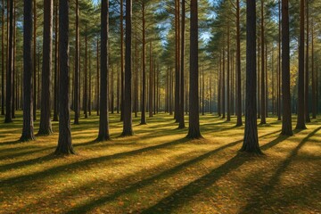 Obraz premium Lush woodland sanctuary featuring towering pine trees