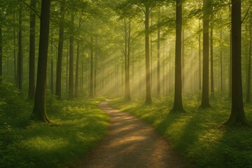 Fototapeta premium Dawn Breaks Through the Forest