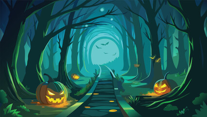 A spooky halloween night scene with jack o lanterns in a dark forest and bats flying above path