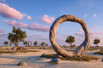 Fototapeta premium Desert landscape with a large, ring-shaped stone formation. Sunrise or sunset
