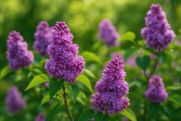 Obraz premium Vibrant purple flowers blooming in the backyard. The early stages of the lilac shrub's flowering process.