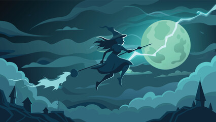 Silhouette of a witch flying on a broomstick with a full moon and lightning in the background scene