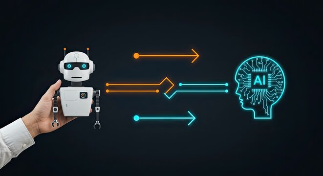 Robot Handover: Artificial Intelligence Transfer with Glowing Arrows on Dark Background - Powered by Adobe