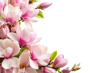  Diagonal Pink Magnolia Flower Corner Border with Blooming Buds, Transparent Background  PNG 