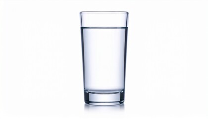 A clear cylindrical glass filled with water, placed on a minimal white surface, emphasizing transparency and purity