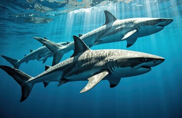 Naklejka premium Sharks swimming underwater in clear blue ocean water