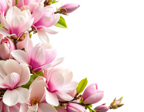  Diagonal Pink Magnolia Flower Corner Border with Blooming Buds, Transparent Background  PNG 