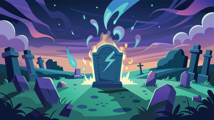 A graveyard scene at night with a tombstone featuring a lightning bolt and ghostly blue flames around it